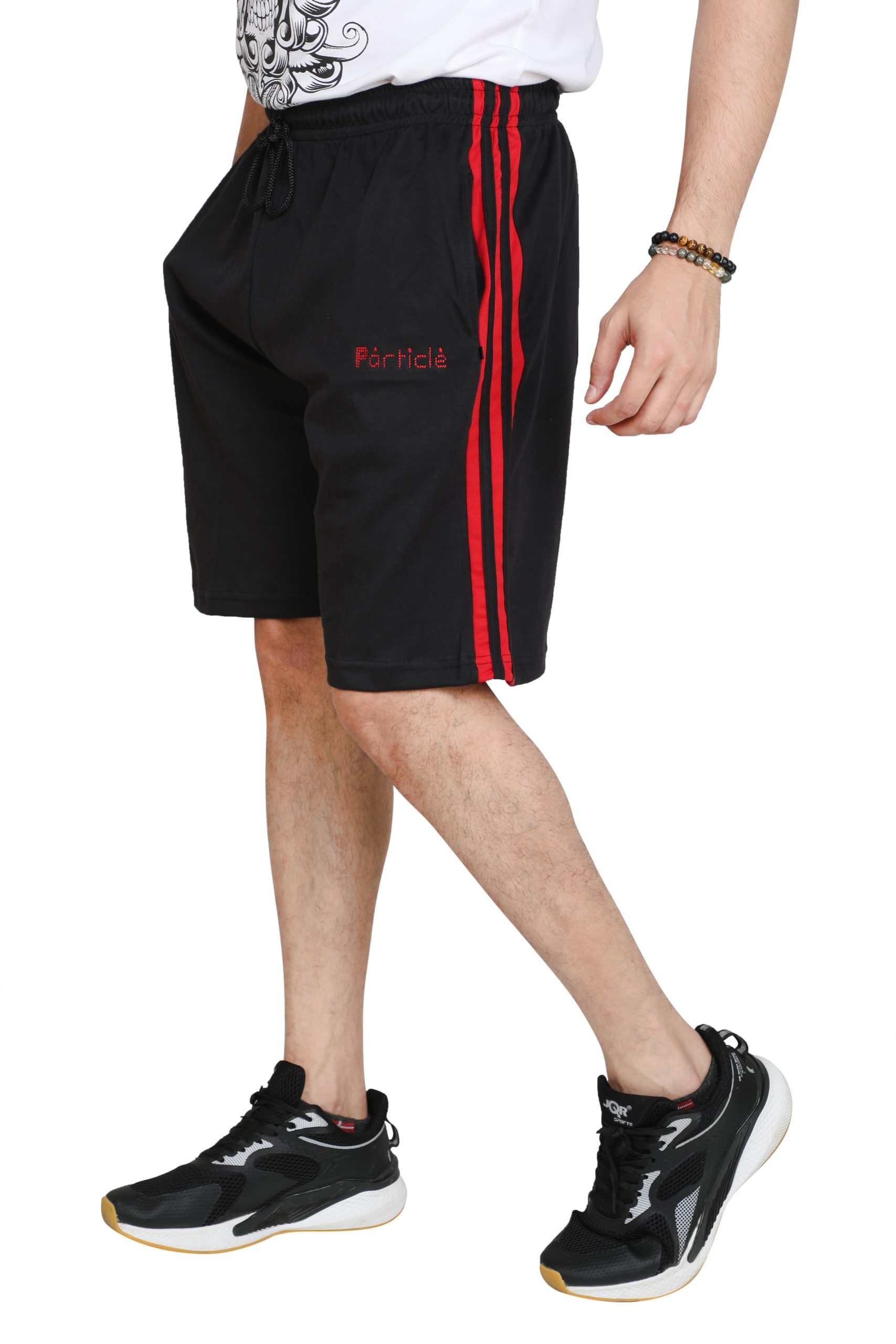 Particle Plus Size Bermuda Shorts – Black with Red Panel and Stripes (230 GSM Hosiery Corduroy)