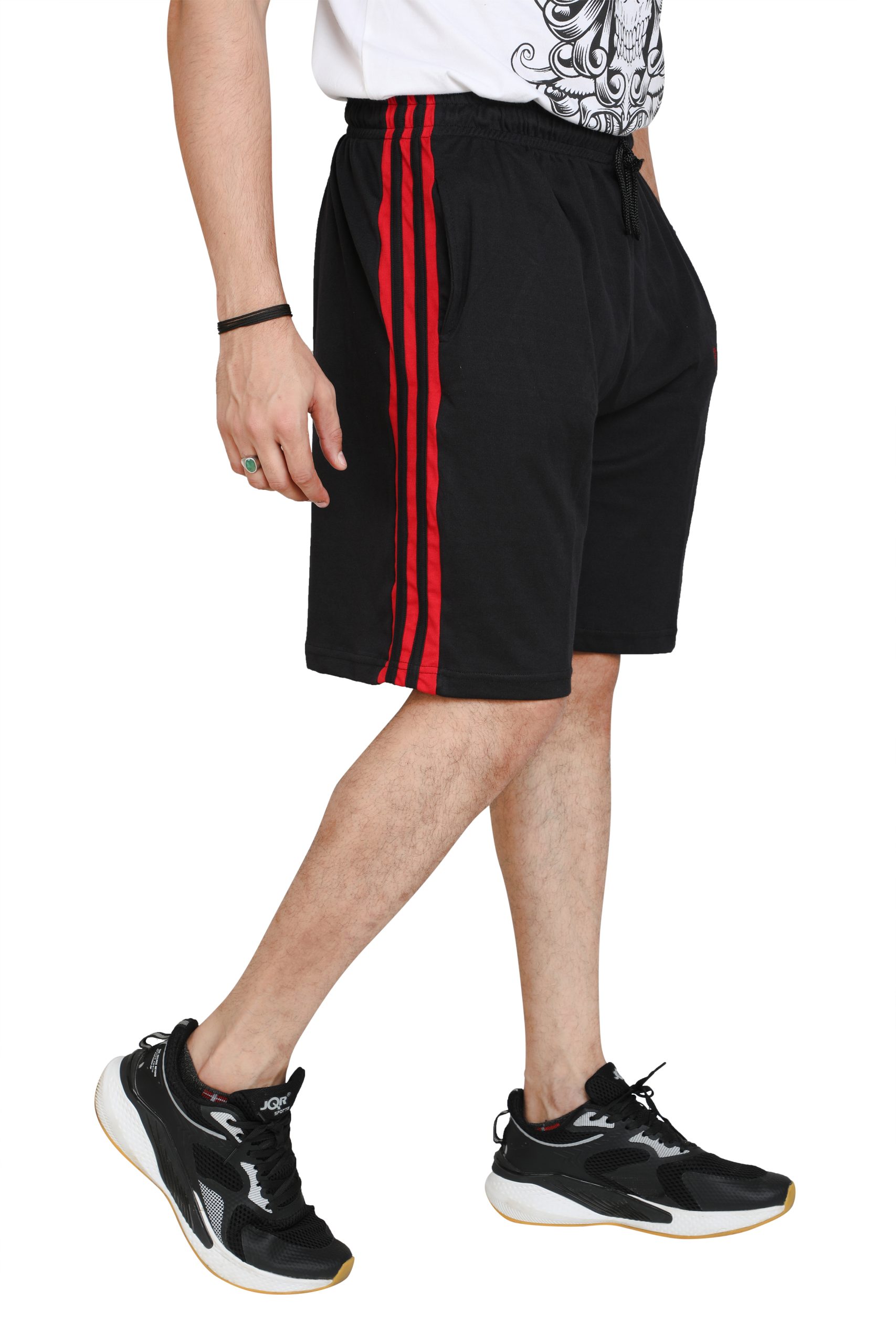 Particle Plus Size Bermuda Shorts – Black with Red Panel and Stripes (230 GSM Hosiery Corduroy) - Image 3