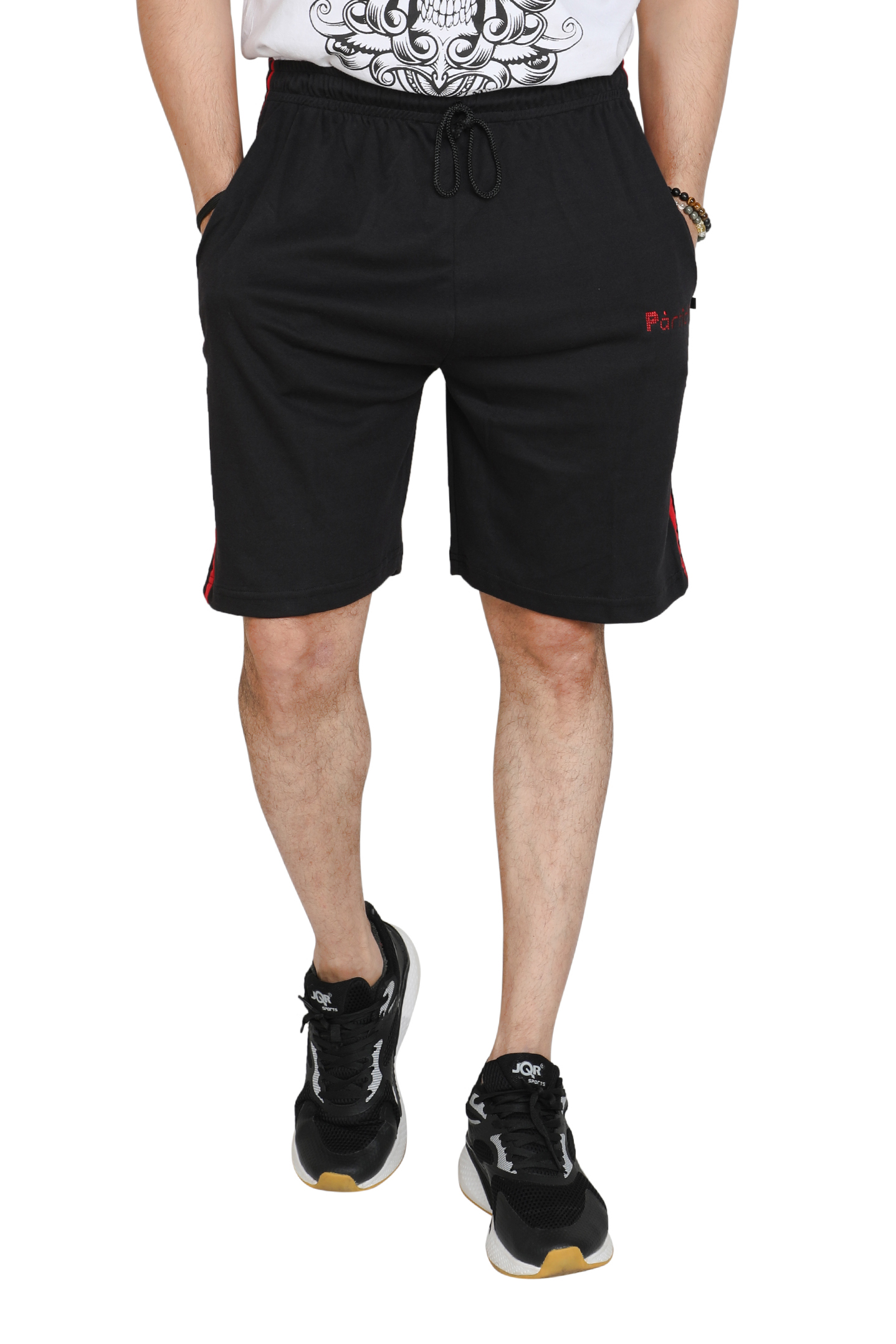 Particle Plus Size Bermuda Shorts – Black with Red Panel and Stripes (230 GSM Hosiery Corduroy) - Image 4