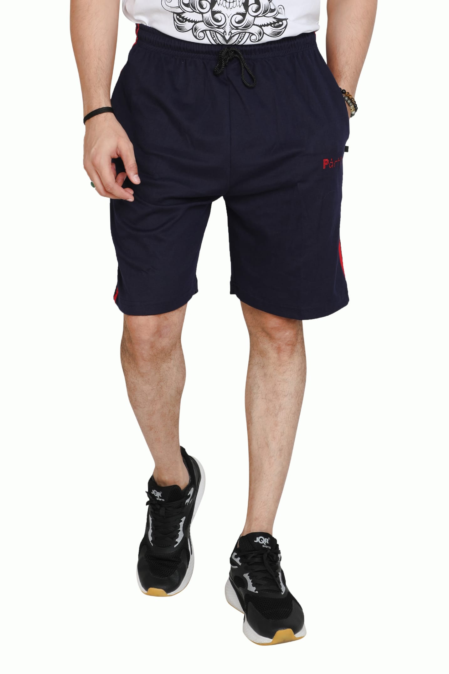 Particle Big Size Navy Blue Half Pants – Red Side Panel & Stripes (230 GSM Hosiery Corduroy) - Image 4