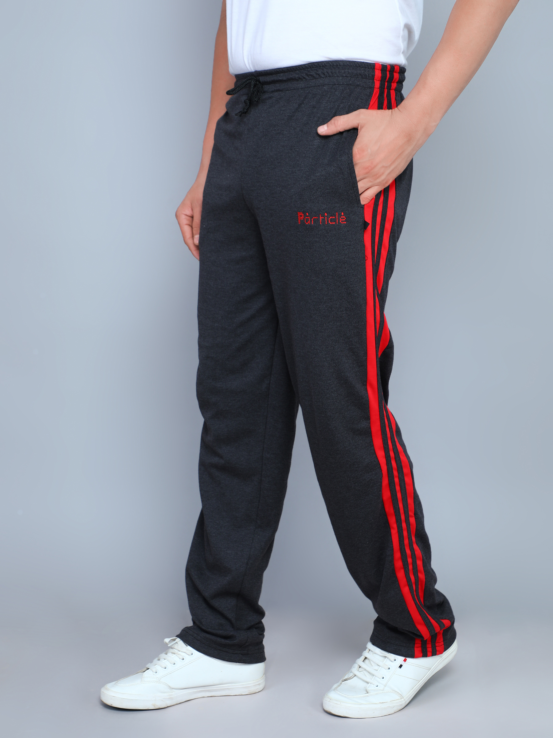 Particle Black Plus Size Track Pants for Men – Red Side Panel (Regular Fit)