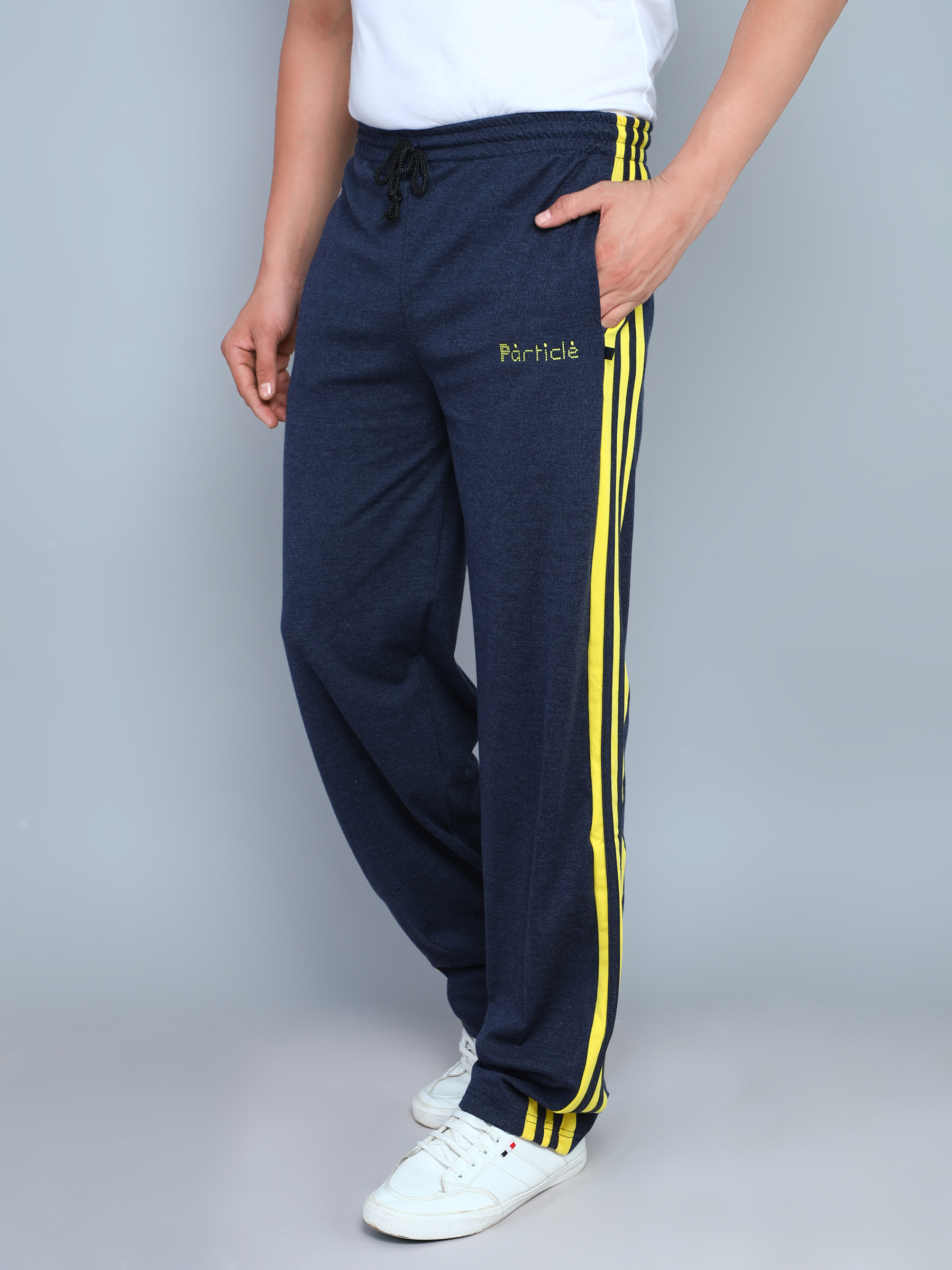 Particle Indigo Blue Melange Plus Size & Big Size Track Pants for Men – Yellow Side Panel (Regular Fit)
