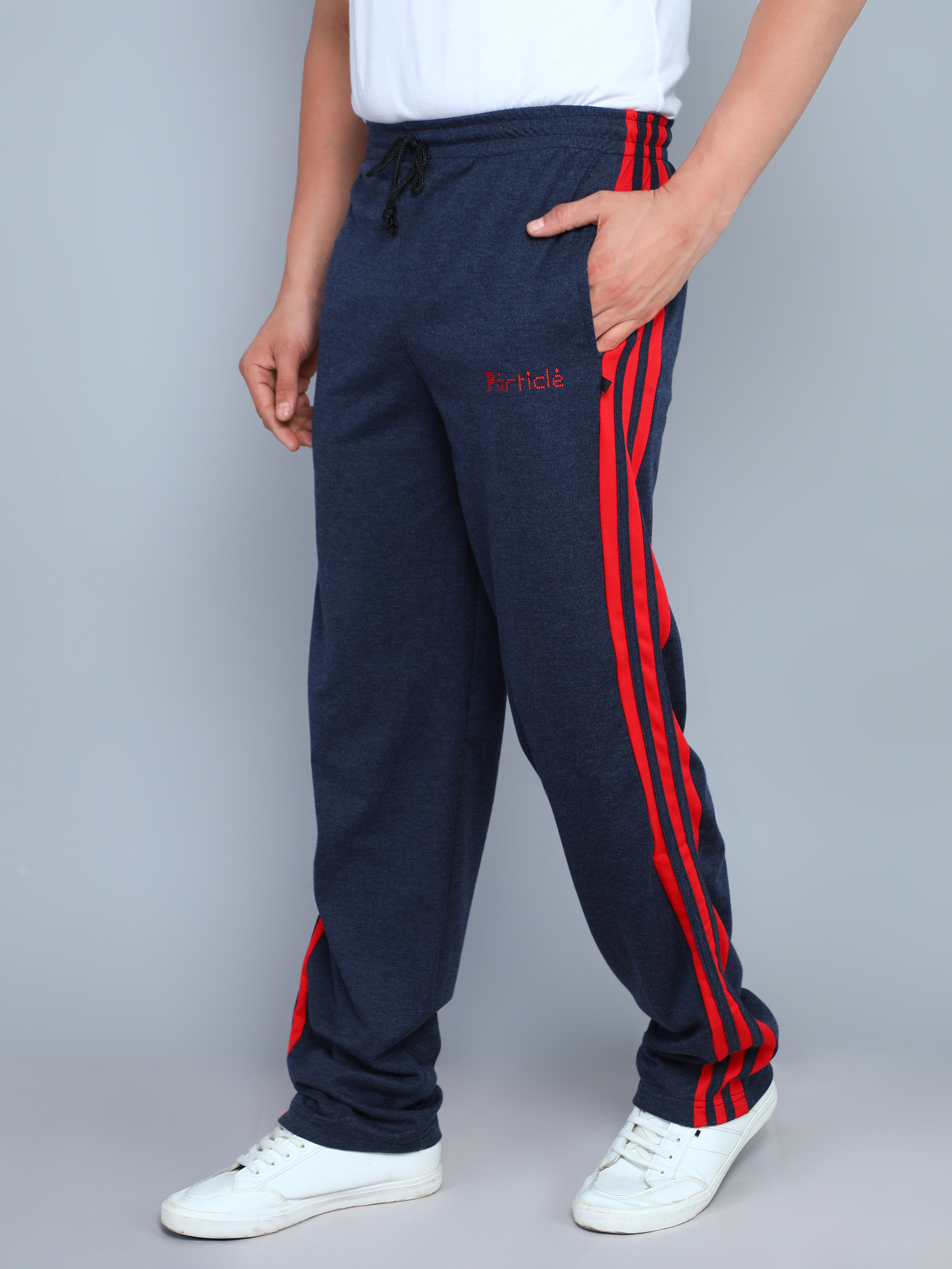 Particle Indigo Blue Melange Plus Size Track Pants for Men – Red Side Panel (Regular Fit)