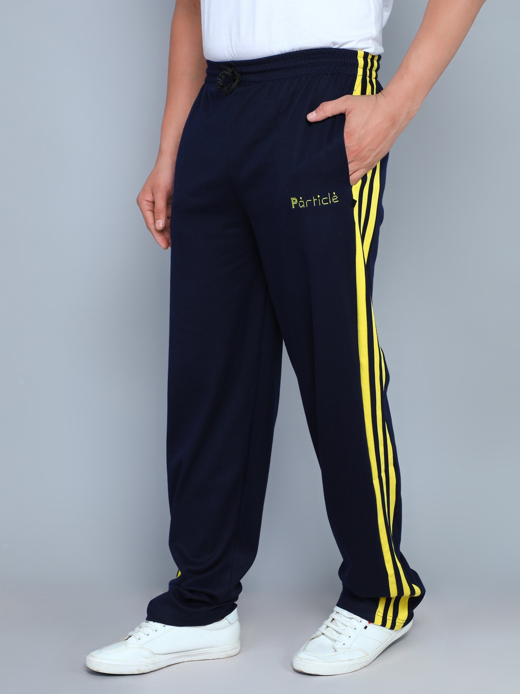Particle Navy Blue Plus & Big Size Track Pants for Men – Yellow Side Panel (Regular Fit)