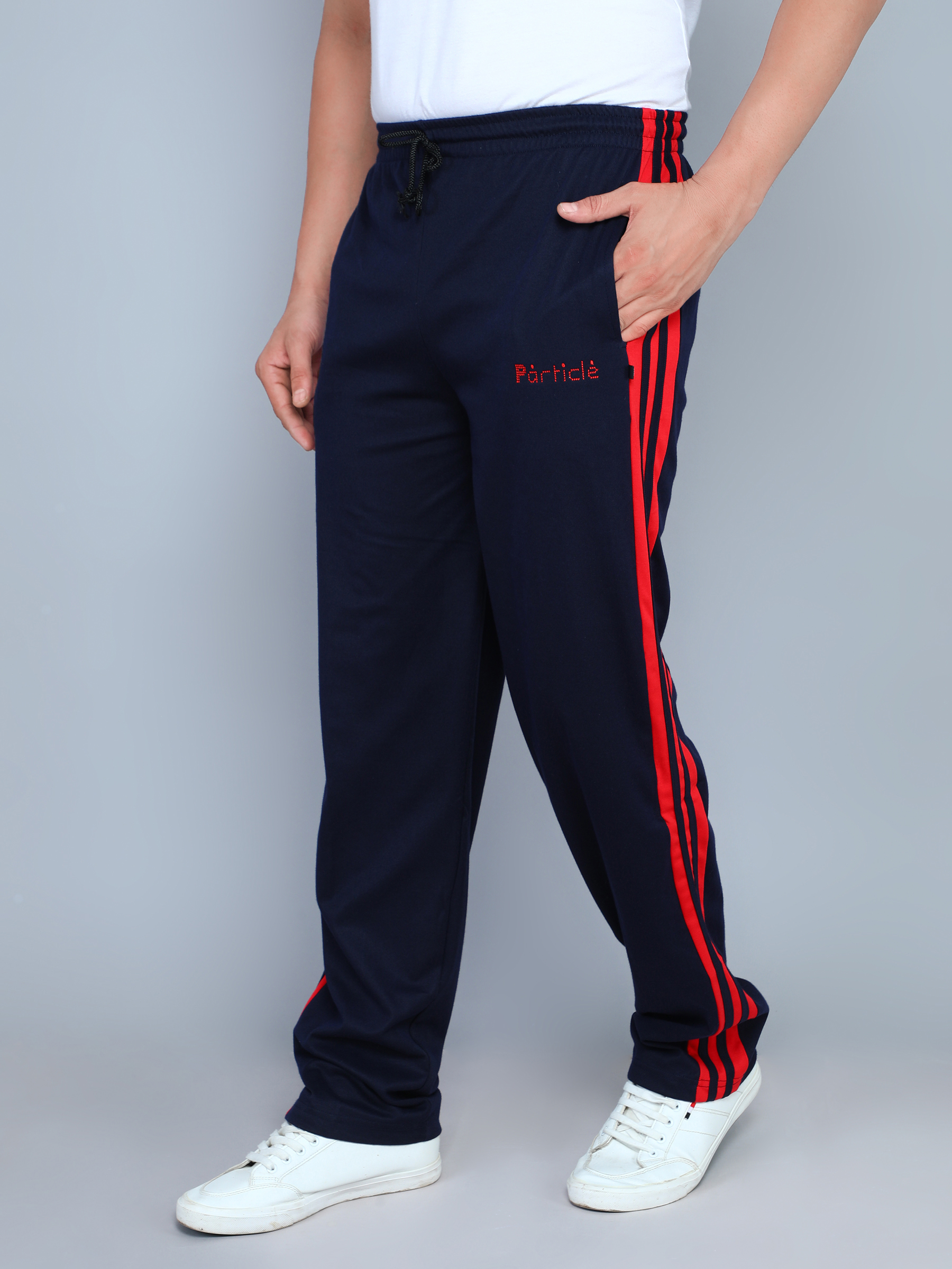 Particle Navy Blue Plus Size Track Pants for Men – Red Side Panel (Regular Fit)