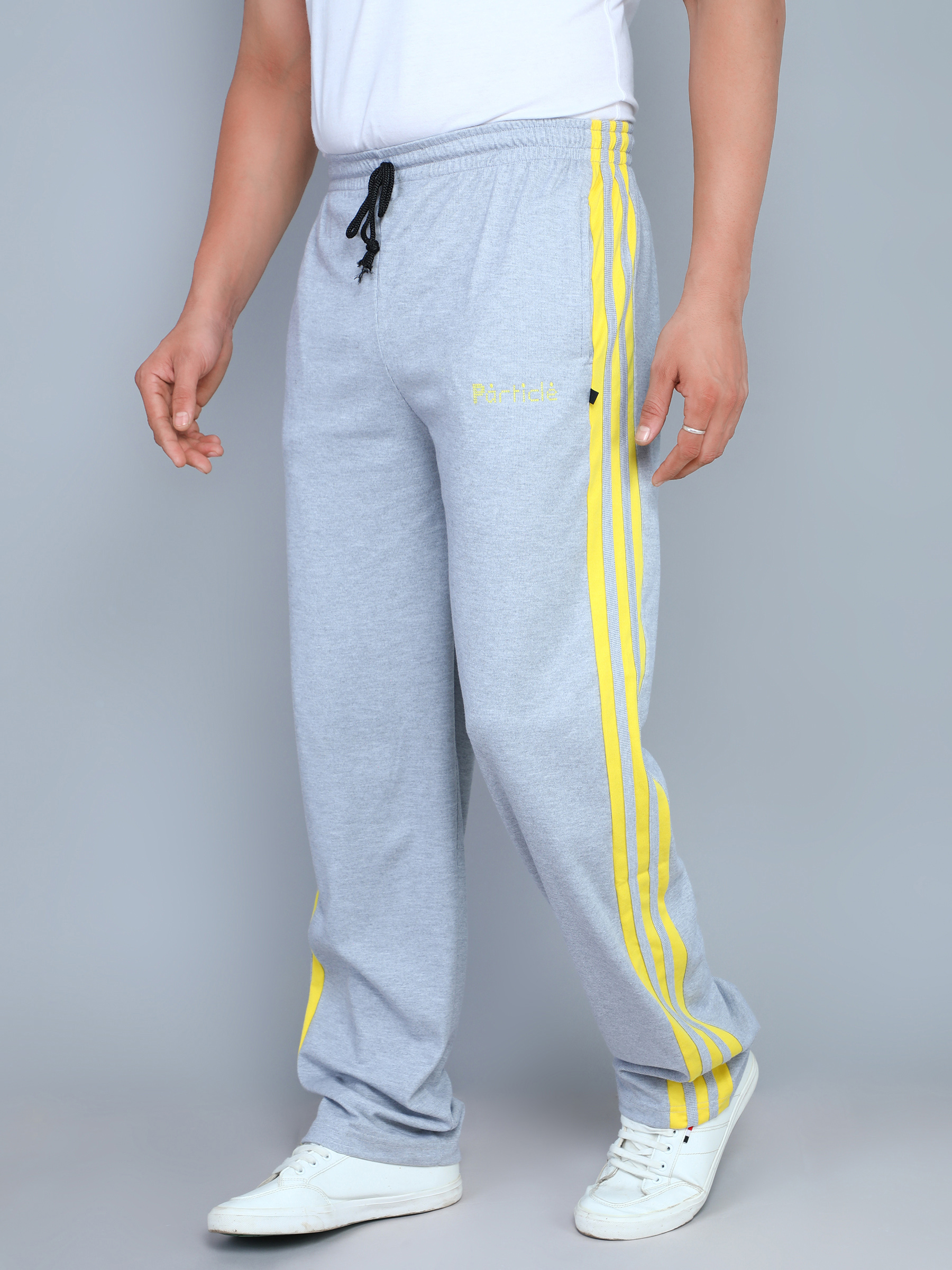Particle Light Melange Grey Big Size Track Pants for Men – Yellow Side Panel (Regular Fit)